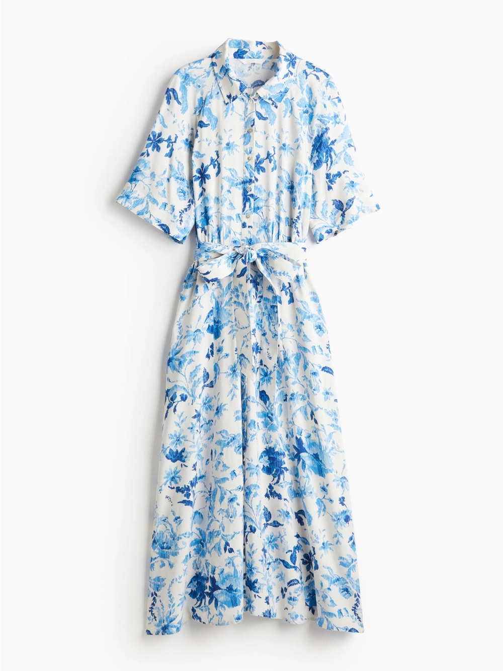 H&M White and Blue Floral Maxi Shirt Dress with Tie Waist